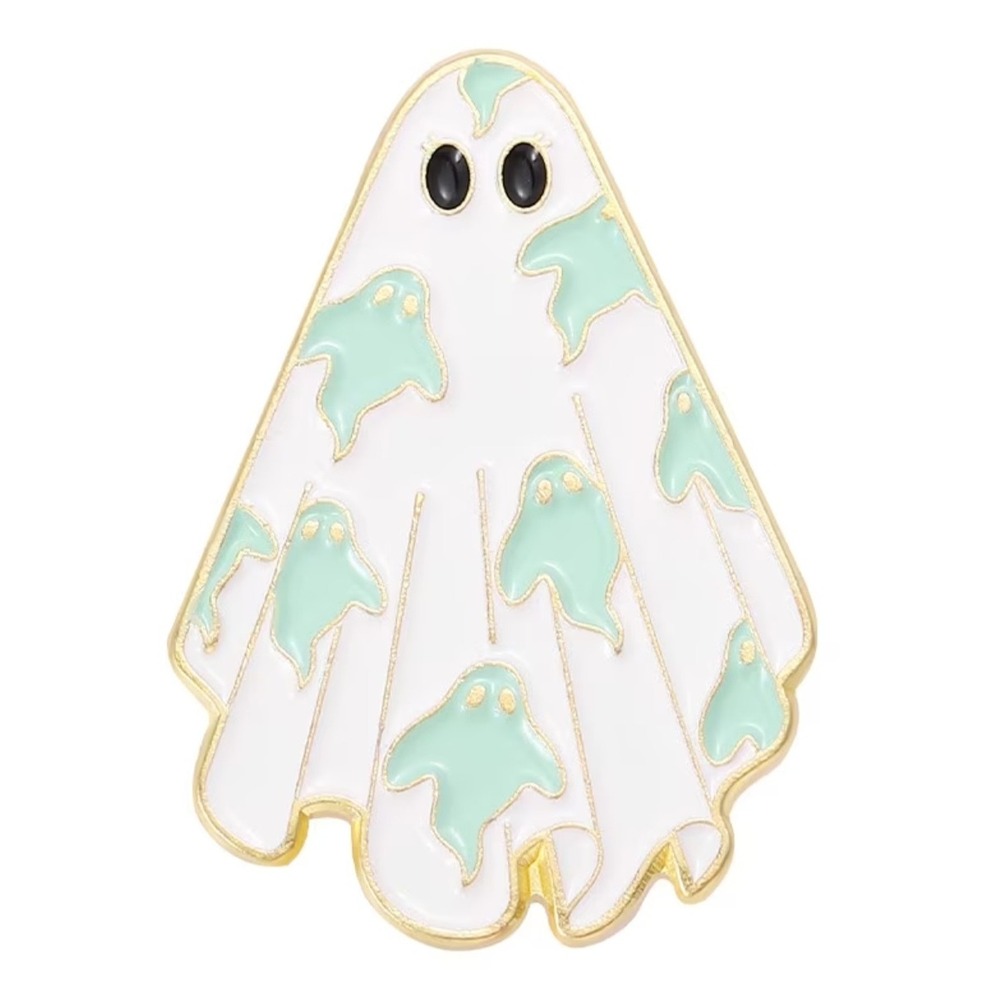 Mint Green Ghost Pattern Enamel Pin Gold Tone Pastel Halloween Accessory